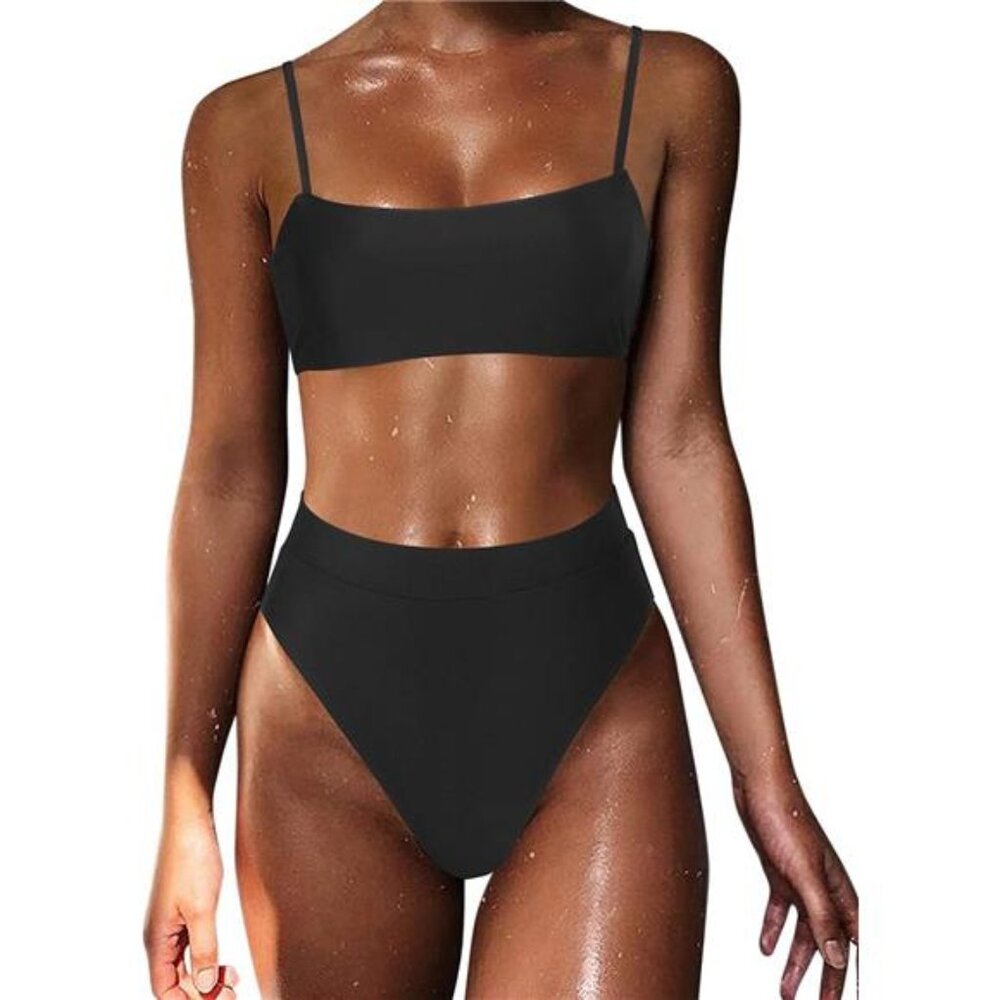 Women Black High Wasited Bikini Shoulder Strap 2 Piece High Cut String Swimsuit